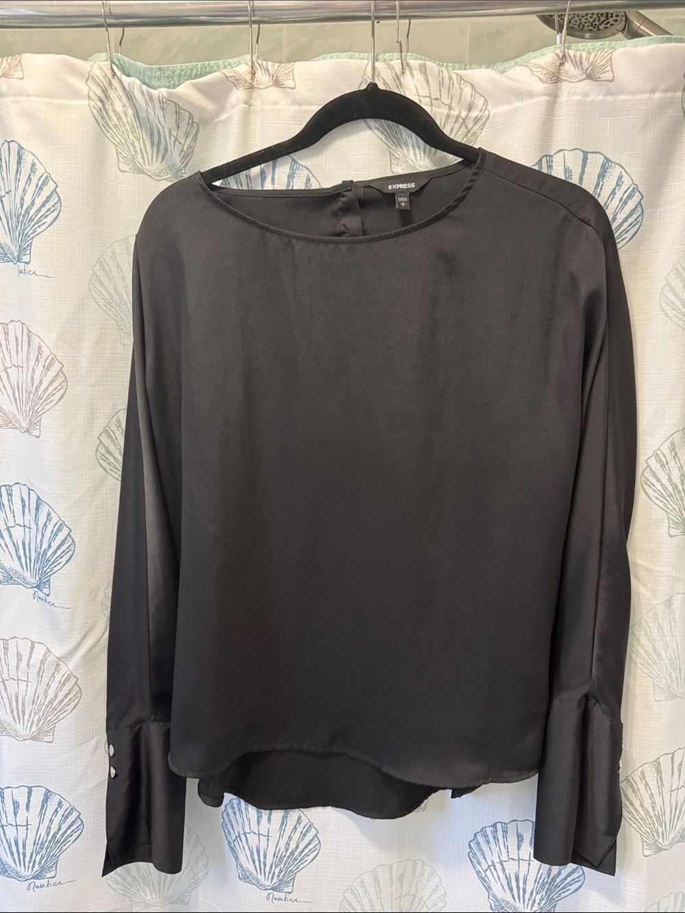 Express Black Long-Sleeve Crewneck Blouse with Button Cuffs